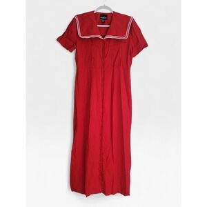 Red Linen Blend Button Down Sailor Collar Maxi Dress Size 10 Vintage Modest
